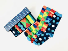 Load image into Gallery viewer, Great gift box set of colourful socks with polka dots, stripes, diamonds and argyle. This 4-pack comes in its own gift box from Pomelo Socks.
