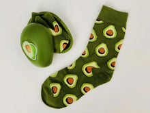Load image into Gallery viewer, Adorable avocado socks that any avocado lover would enjoy as a gift.  Avocado socks come in their own avocado shaped container from www.pomelosocks.com.  Unique food socks for a creative gift.
