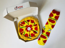 Load image into Gallery viewer, This pizza box actually contains 4 pairs of socks that look like a pizza with pepperoni.  Unique food socks that make a creative gift from Pomelo Socks.
