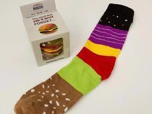 Load image into Gallery viewer, The socks are packed to actually look like a hamburger with all the fixings.  Food socks that make a creative gift from Pomelo Socks.
