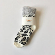 Load image into Gallery viewer, Highlighting the leaf style of Pomelo Socks Warm and Cozy socks with sock wrap.  These soft socks make for a special gift.  From www.pomelosocks.com
