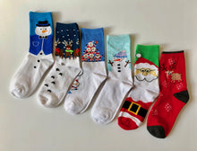 Load image into Gallery viewer, Fun and festive winter holiday socks featuring snowmen reindeer and Santa.  Great holiday gifts for Christmas.  Creative gift socks from www.pomelosocks.com
