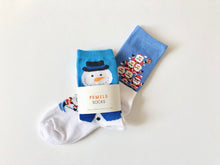 Load image into Gallery viewer, Fun and festive winter holiday socks featuring snowmen and Santa. Great holiday gifts for Christmas. Creative gift socks from Pomelo Socks.
