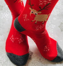 Load image into Gallery viewer, Fun and festive winter holiday socks featuring reindeer. Great holiday gifts for Christmas. Creative gift socks from Pomelo Socks.
