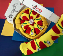Load image into Gallery viewer, Pizza gift box set. This pizza box actually contains 4 pairs of socks that look like a pizza with pepperoni.  Unique food socks that make a creative gift from www.pomelosocks.com.
