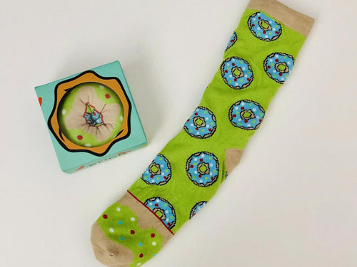 Food socks that make a creative gift.  These donut socks look and are packed as if they are a tasty donut from Pomelo Socks