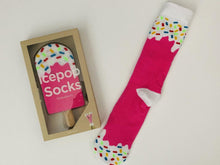 Load image into Gallery viewer, Socks that look and are packaged like a strawberry ice cream popsicle.  Unique food socks that make a creative gift from Pomelo Socks.
