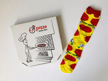 Load image into Gallery viewer, This pizza box actually contains 4 pairs of socks that look like a pizza with pepperoni.  Unique food socks that make a creative gift from Pomelo Socks
